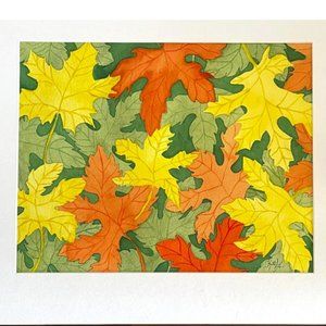 PAINTING WATERCOLOR ORIGINAL ART LEAVES FALL ORANGE YELLOW GREEN 11X14 MAT 16X20